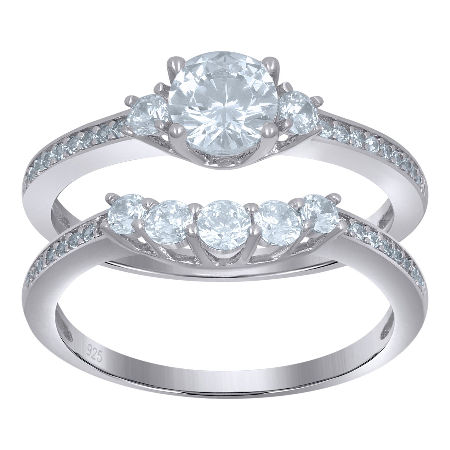 Sterling Silver Women's Cubic-Zirconia Duo Bridal Anniversary Wedding Engagement Band Ring Set