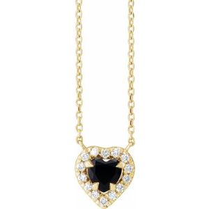 14K Yellow Gold Heart 5 X 5Mm  Natural Onyx And 1/8 Ctw Natural Diamond French Set Halo Necklace, Length: 18 In