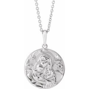 Sterling Silver 21.9 X 15 Mm 16-18 In Polished Madonna And Child Necklace