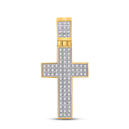 10K Yellow Gold Mens Round Diamond Cross Charm Pendant 1/4 Cttw, Length: 1.48 In, Width: 0.72 In