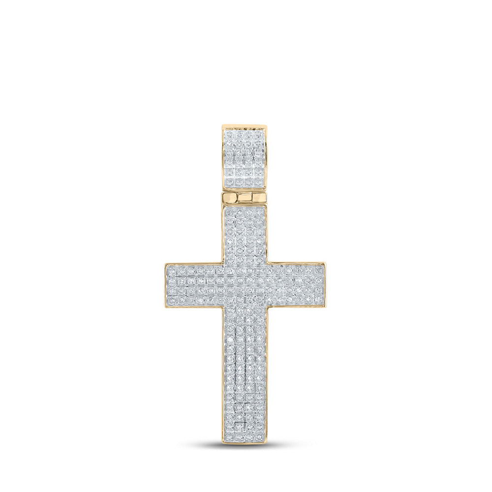 10K Yellow Gold Mens Round Diamond Cross Charm Pendant 1/2 Cttw, Length: 1.96 In, Width: 1.03 In