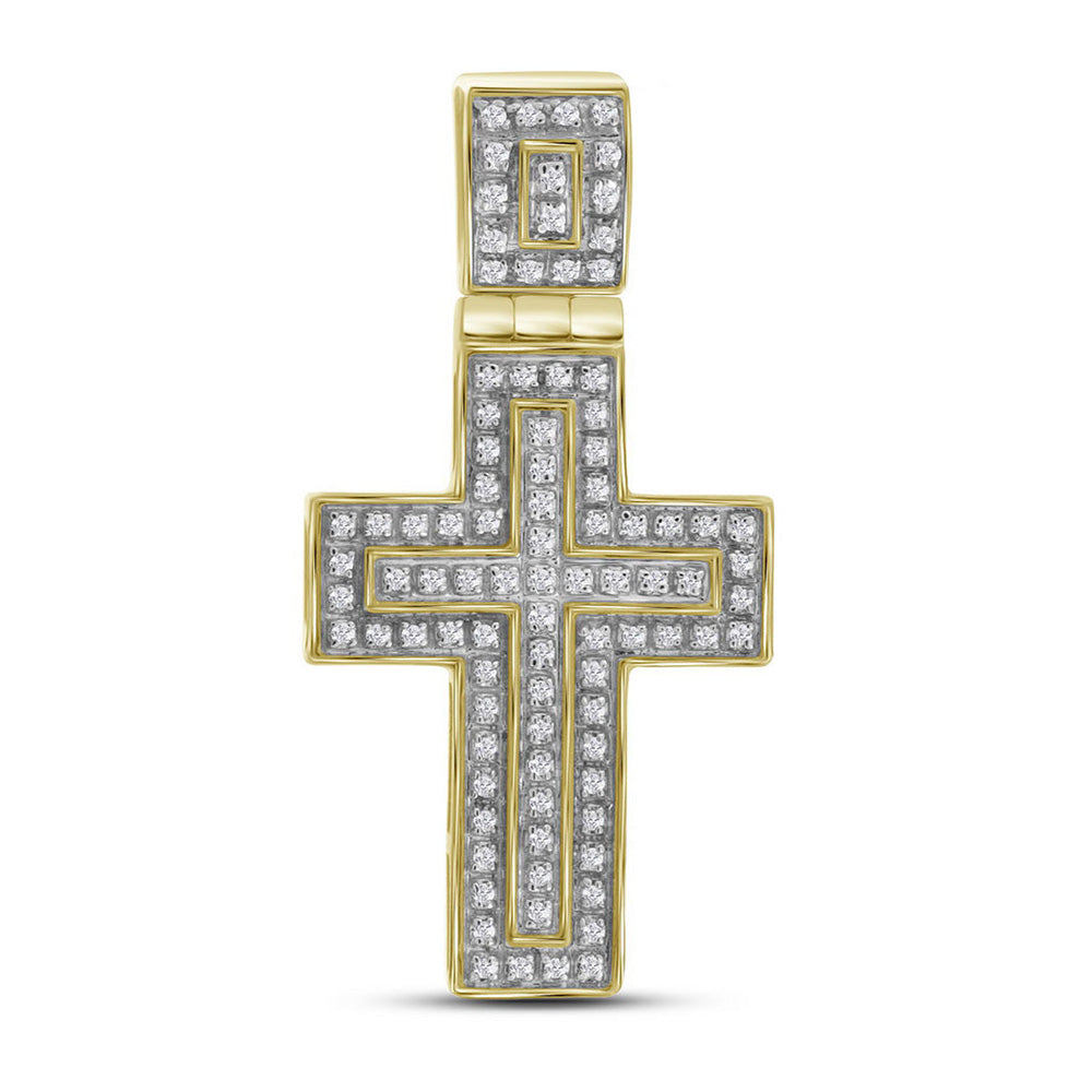 10K Yellow Gold Mens Round Diamond Layered Cross Charm Pendant 1/4 Cttw, Length: 1.48 In, Width: 0.78 In