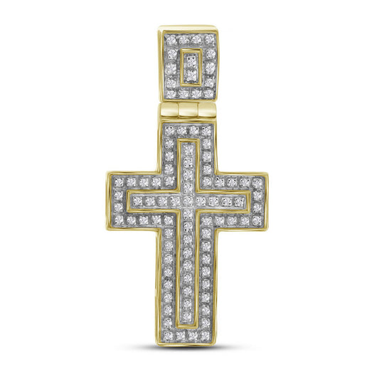 10K Yellow Gold Mens Round Diamond Layered Cross Charm Pendant 1/4 Cttw, Length: 1.48 In, Width: 0.78 In
