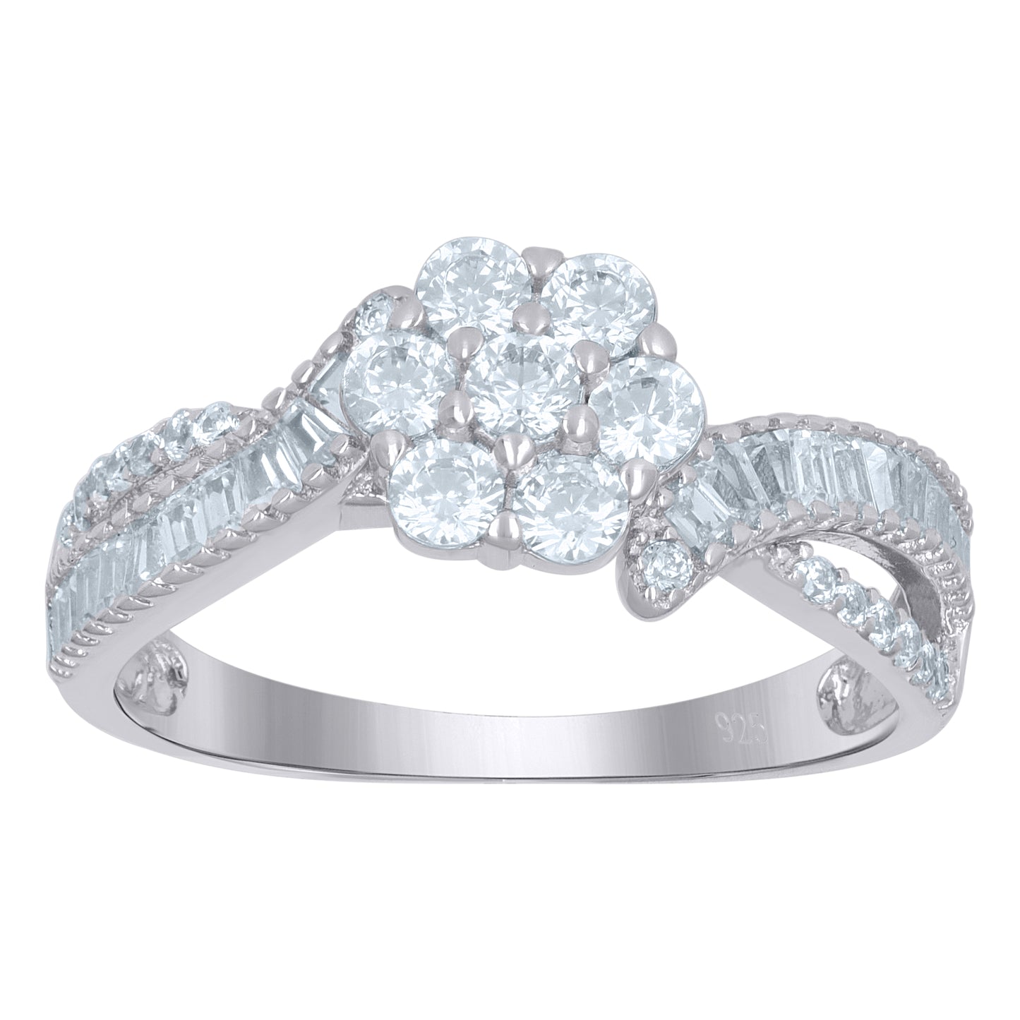 Sterling Silver Womens Baguette Solitaire Cubic-Zirconia Flower Bridal Anniversary Engagement Wedding Ring