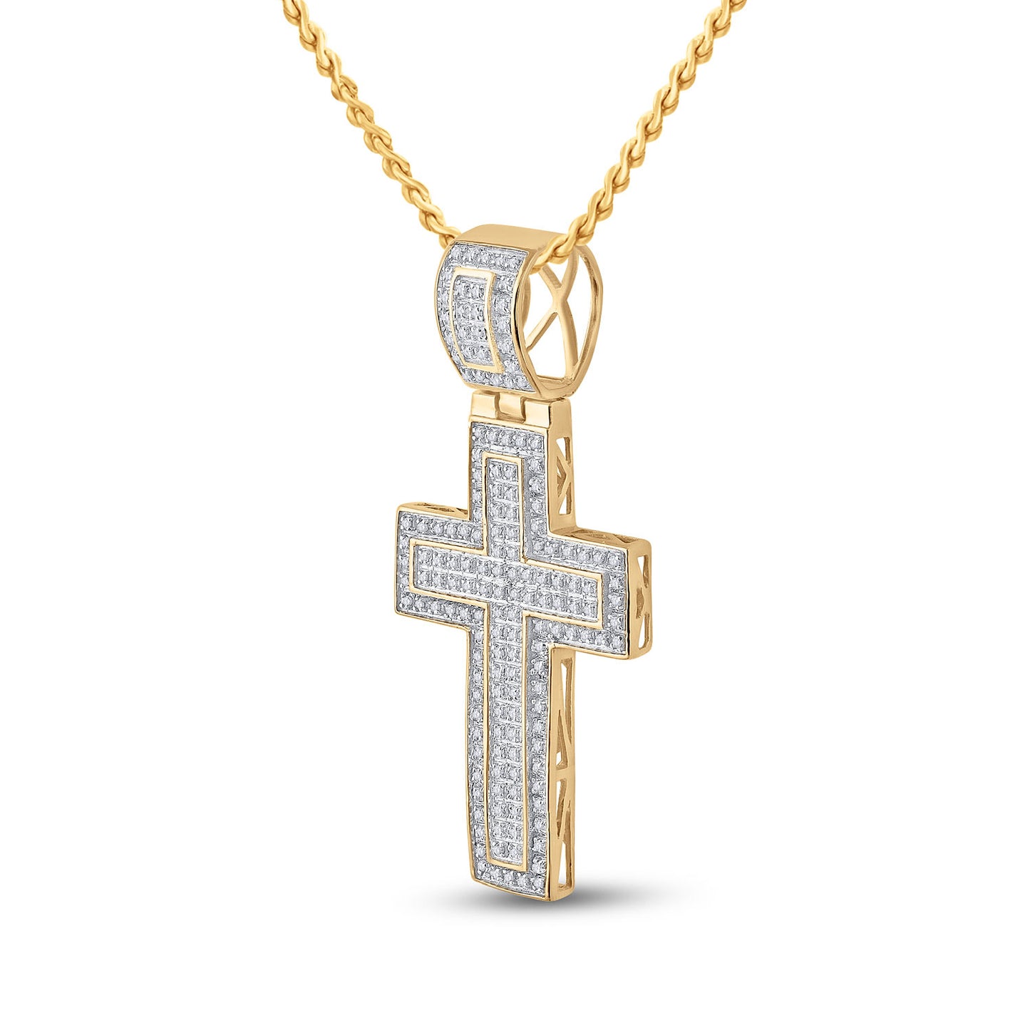 10K Yellow Gold Mens Round Diamond Cross Charm Pendant 1/2 Cttw, Length: 1.98 In, Width: 0.97 In