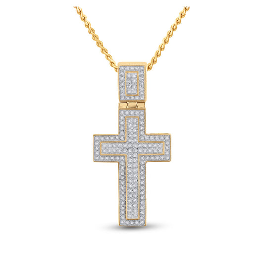 10K Yellow Gold Mens Round Diamond Cross Charm Pendant 1/2 Cttw, Length: 1.98 In, Width: 0.97 In