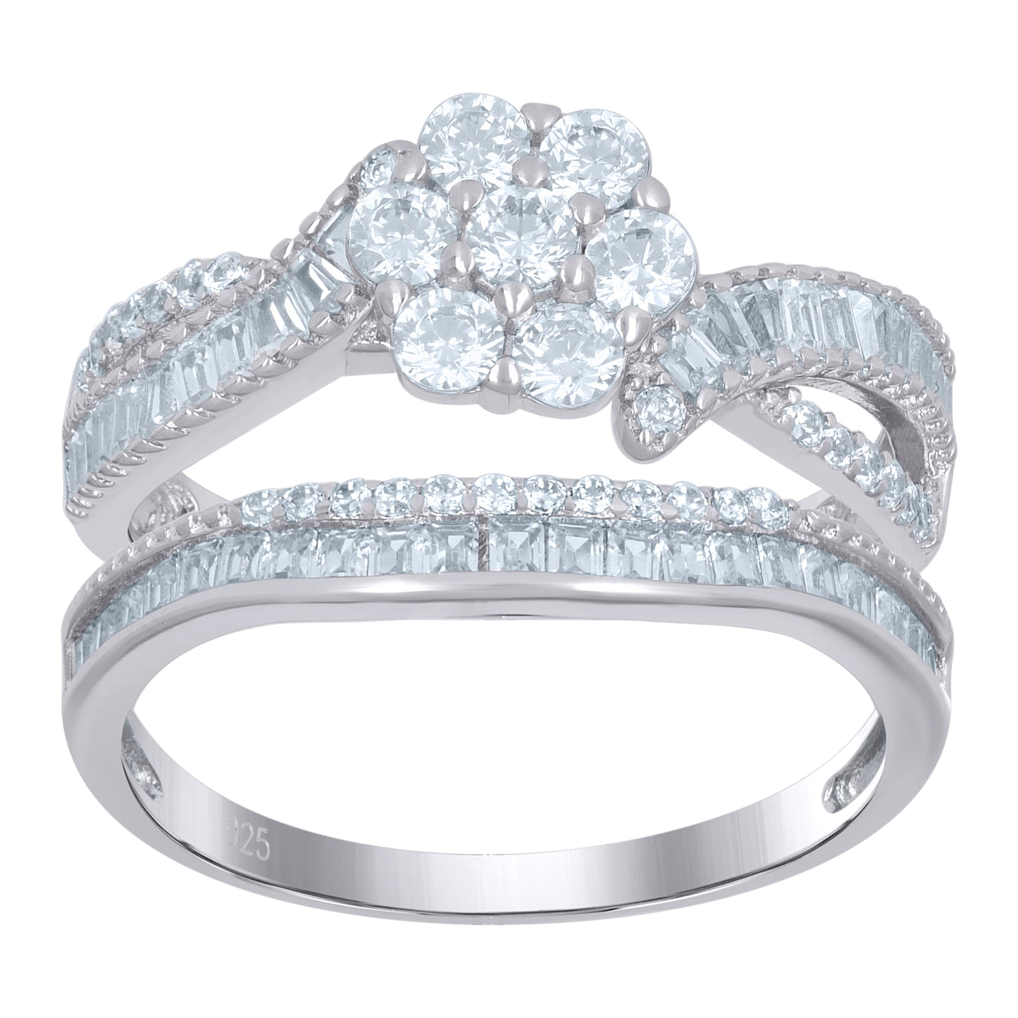 Sterling Silver Womens Baguette Cubic-Zirconia Flower Duo Bridal Anniversary Wedding Engagement Band Ring Set