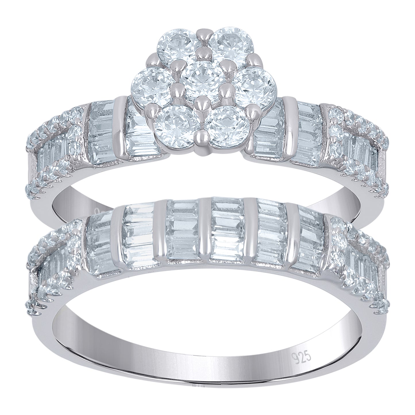Sterling Silver Women's Baguette Cubic-Zirconia Flower Duo Bridal Anniversary Wedding Engagement Band Ring Set