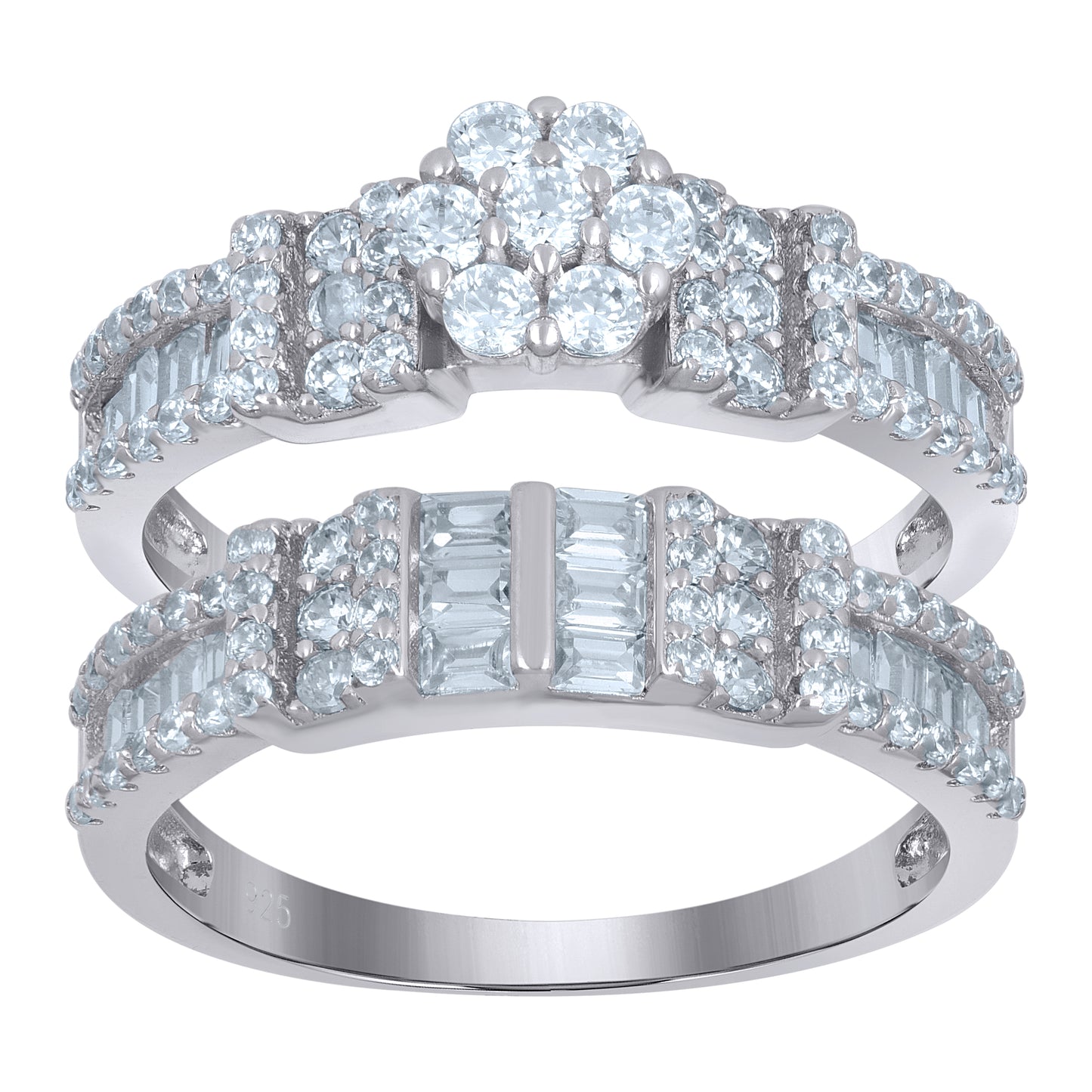 Sterling Silver Women's Baguette Cubic-Zirconia Flower Duo Bridal Anniversary Wedding Engagement Band Ring Set