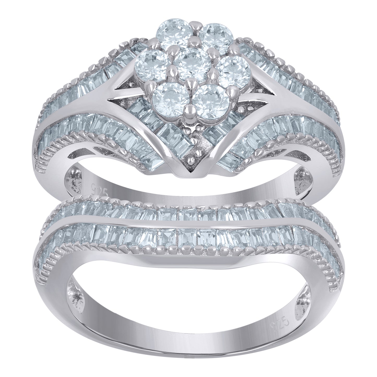 Sterling Silver Women's Baguette Cubic-Zirconia Flower Duo Bridal Anniversary Wedding Engagement Band Ring Set