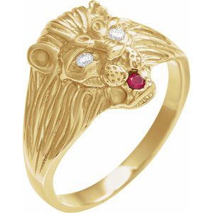 14K Yellow Gold Round 2 Mm .06 Ctw Natural Diamond And Ruby Small Lion Head Ring Size 10