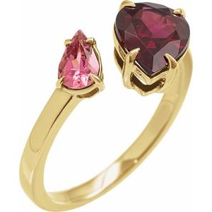 14K Yellow Gold Pear 10 X 7 Mm Polished Natural Rhodolite Garnet And Natural Pink Tourmaline 2-Stone Ring Size 7