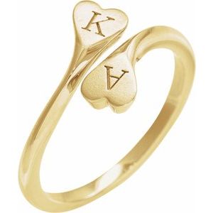 14K Yellow Gold Polished Engravable Double Heart Bypass Ring With Bead Blast Finish Size 7