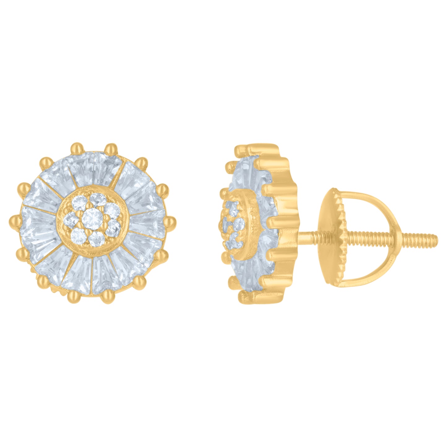 Sterling Silver Or Yellow-Tone Mens Baguette Round Cubic-Zirconia Fashion Stud Earrings