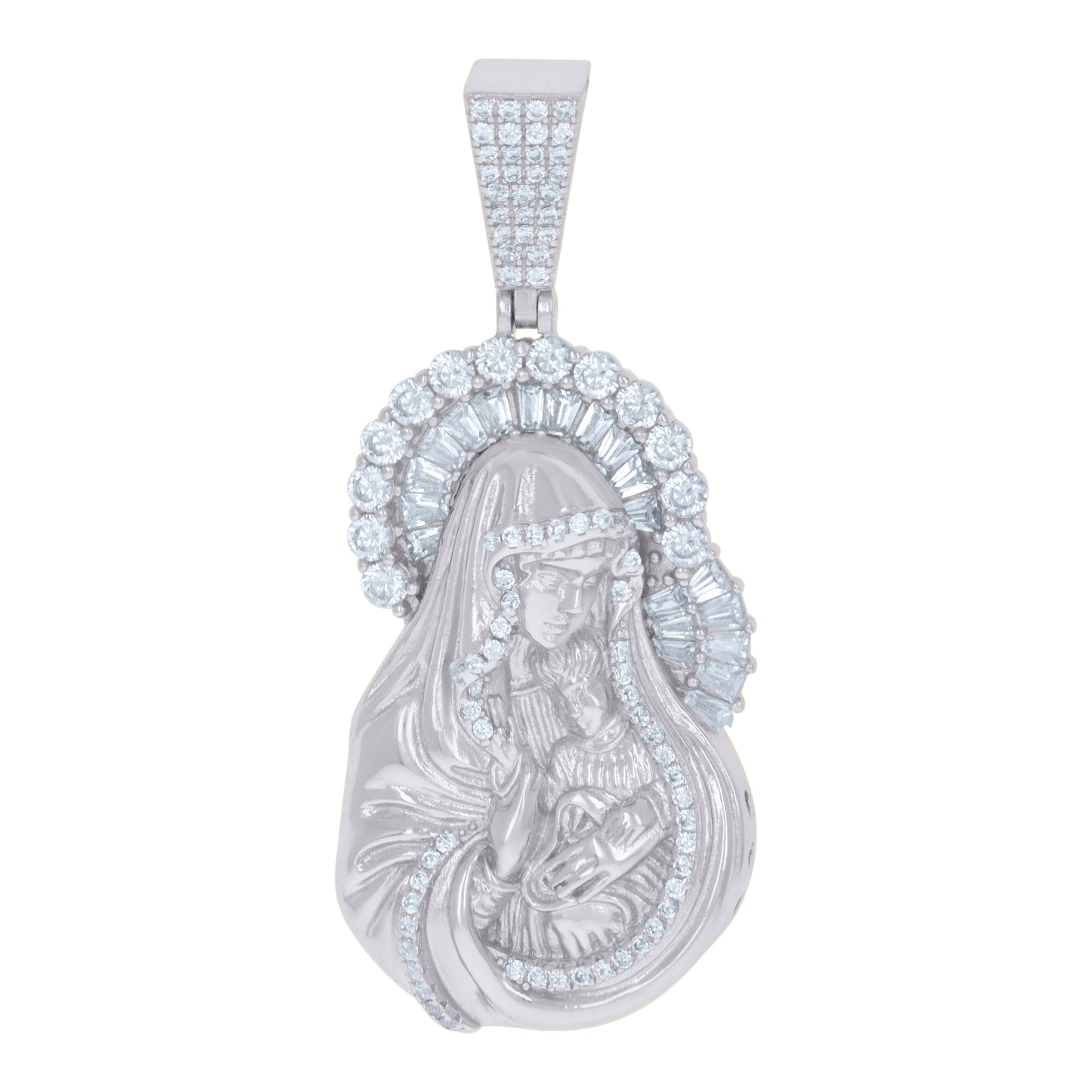 Sterling Silver Mens Round & Baguette Cubic-Zirconia Mother Marry Religious Charm Pendant