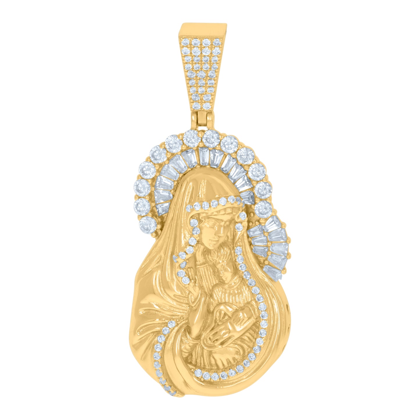 Sterling Silver Mens Round & Baguette Cubic-Zirconia Mother Marry Religious Charm Pendant