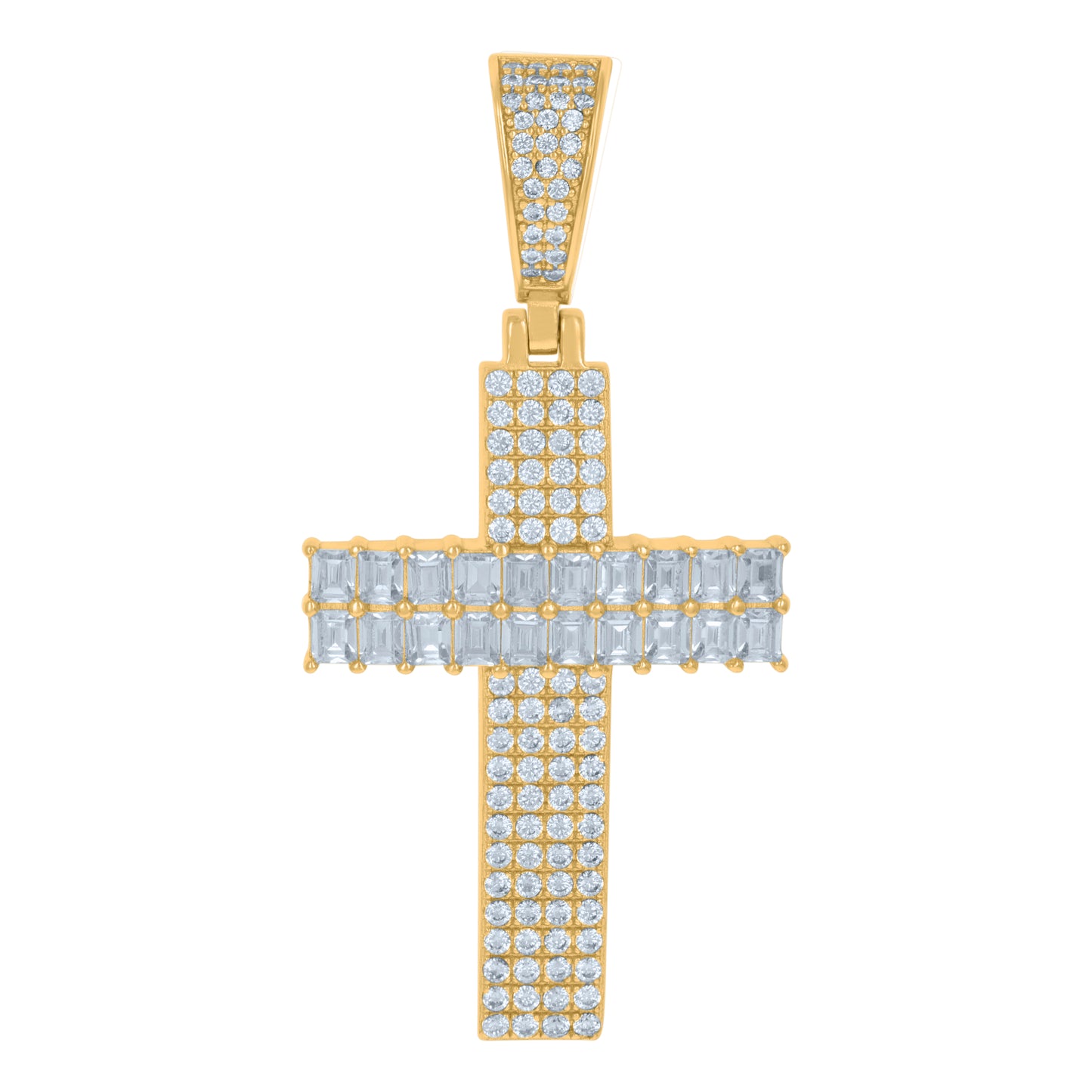 Sterling Silver Mens Round & Baguette Cubic-Zirconia Cross Religious Charm Pendant