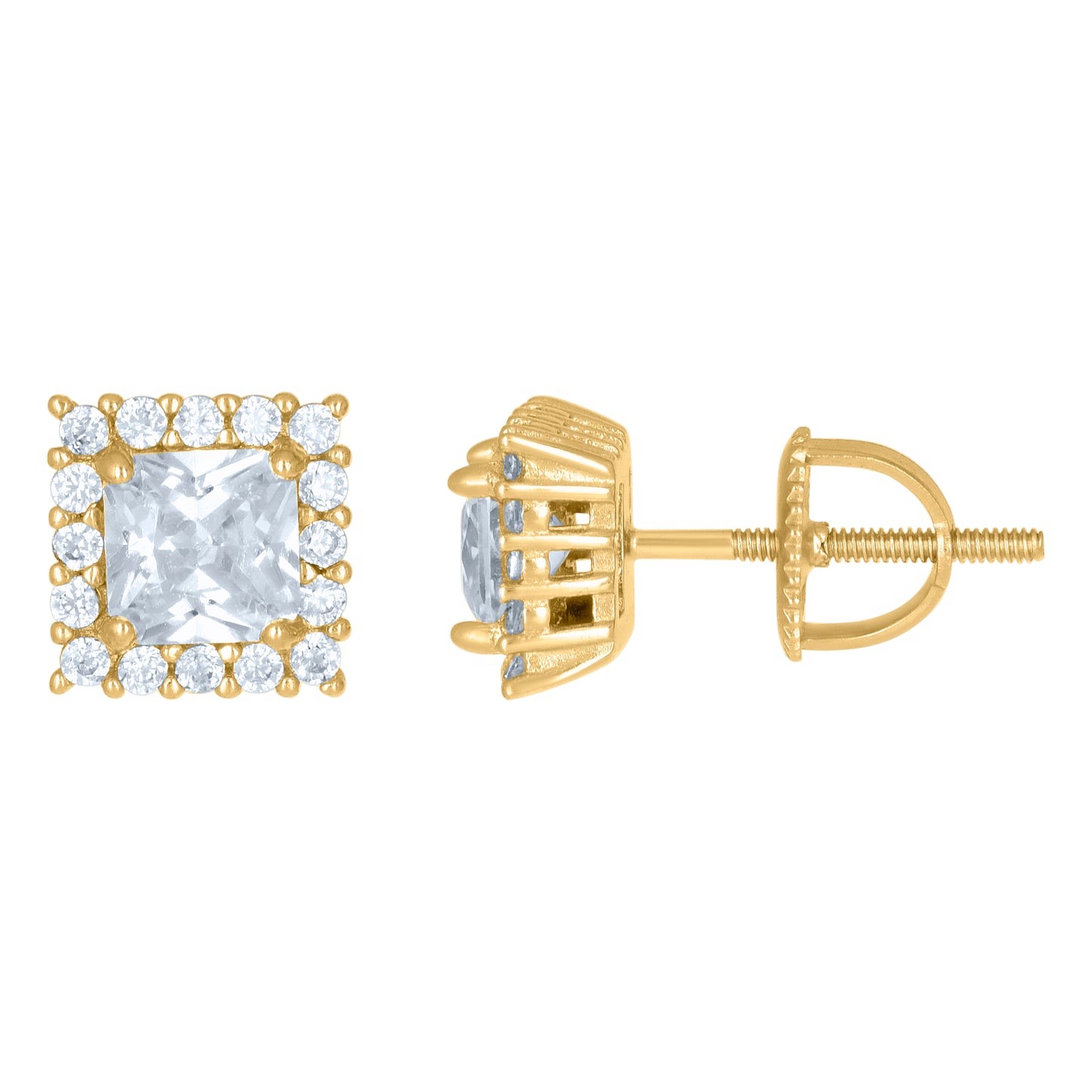 Sterling Silver Or Yellow-Tone Womens Princess-Cut Round Cubic-Zirconia Square Fashion Stud Earrings