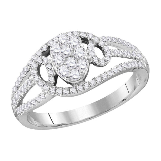 10K White Gold Womens Round Diamond Oval Cluster Ring 1/2 Cttw, Womens Size: 5-10