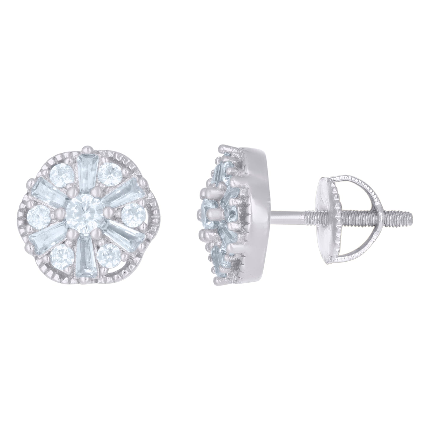 Sterling Silver Or Yellow-Tone Womens Baguette Round Cubic-Zirconia Flower Fashion Stud Earrings