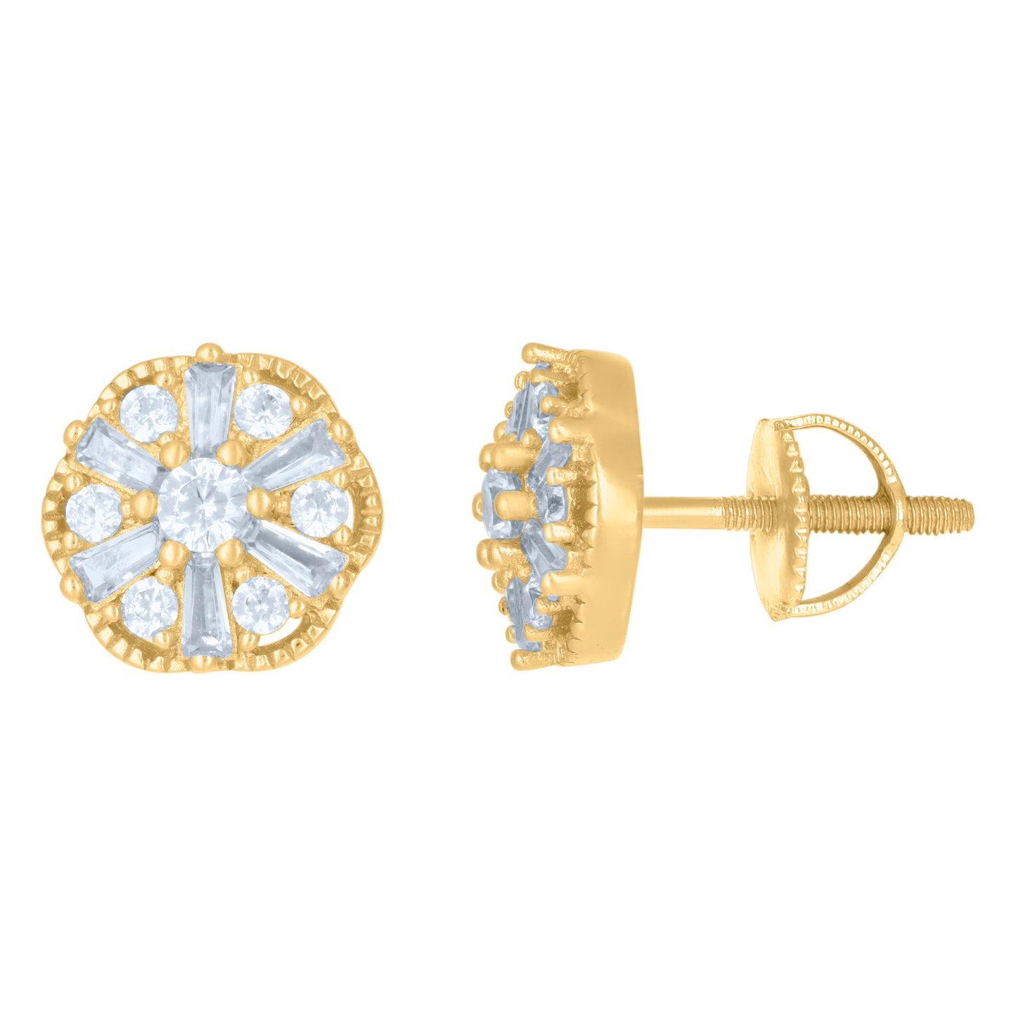 Sterling Silver Or Yellow-Tone Womens Baguette Round Cubic-Zirconia Flower Fashion Stud Earrings