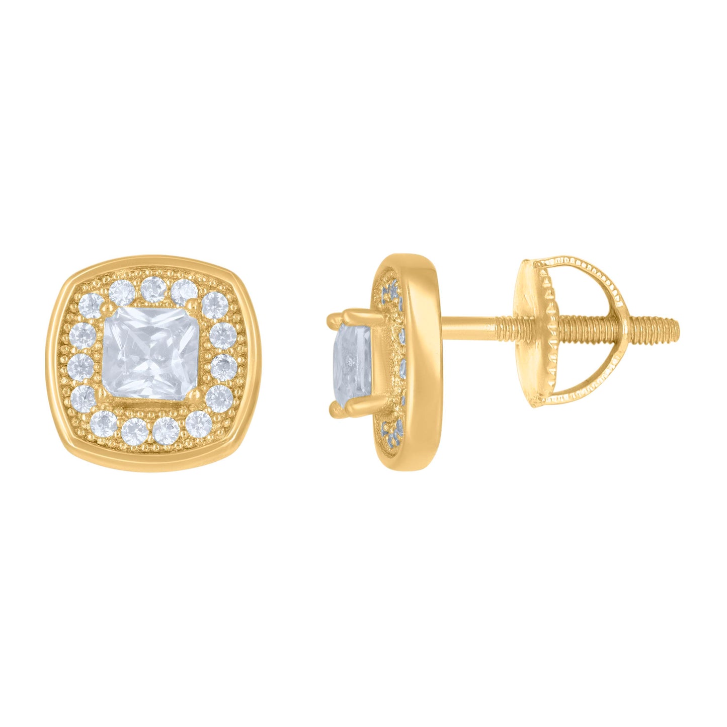Sterling Silver Or Yellow-Tone Mens Princess-Cut Round Cubic-Zirconia Square Stud Earrings