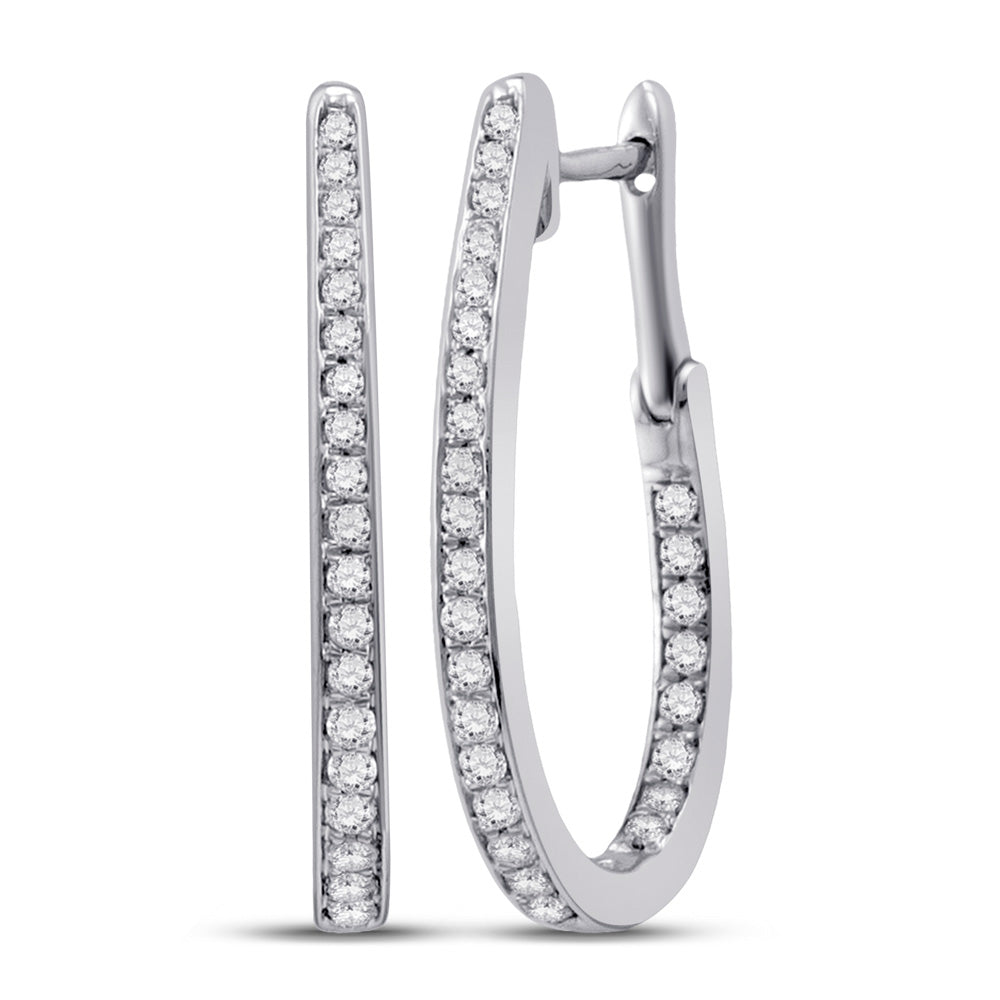 10K White Gold Womens Round Diamond Inside-Outside Oblong Hoop Earrings 1/2 Cttw