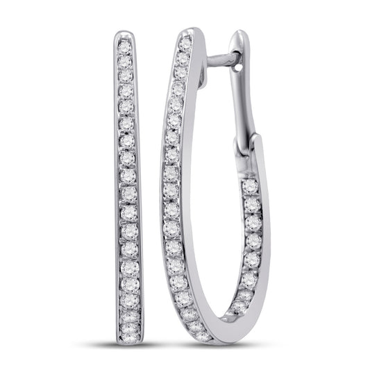 10K White Gold Womens Round Diamond Inside-Outside Oblong Hoop Earrings 1/2 Cttw
