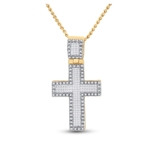 10K Yellow Gold Mens Princess Diamond Cross Charm Pendant 1 Cttw, Length: 1.44 In, Width: 0.8 In