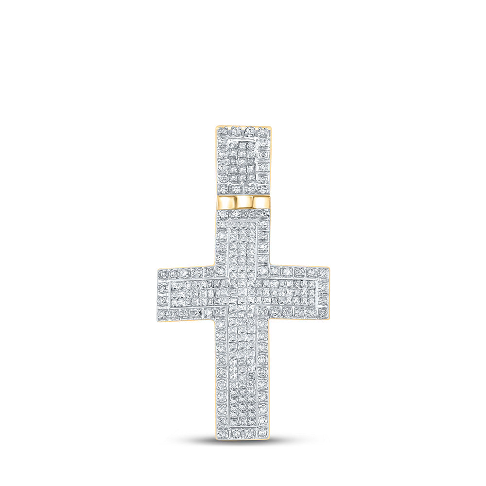 10K Yellow Gold Mens Round Diamond Cross Charm Pendant 1 Cttw, Length: 1.44 In, Width: 0.8 In