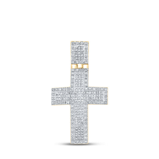 10K Yellow Gold Mens Round Diamond Cross Charm Pendant 1 Cttw, Length: 1.44 In, Width: 0.8 In