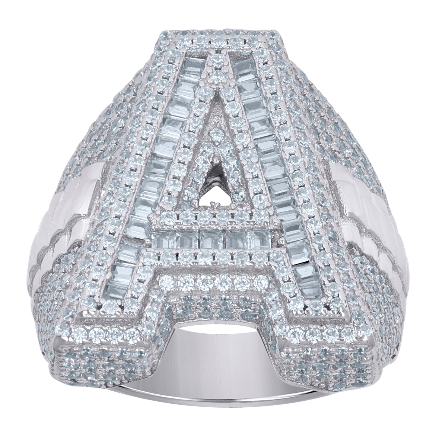 Sterling Silver Mens Baguette Cubic-Zirconia Alphabet Initials Ring