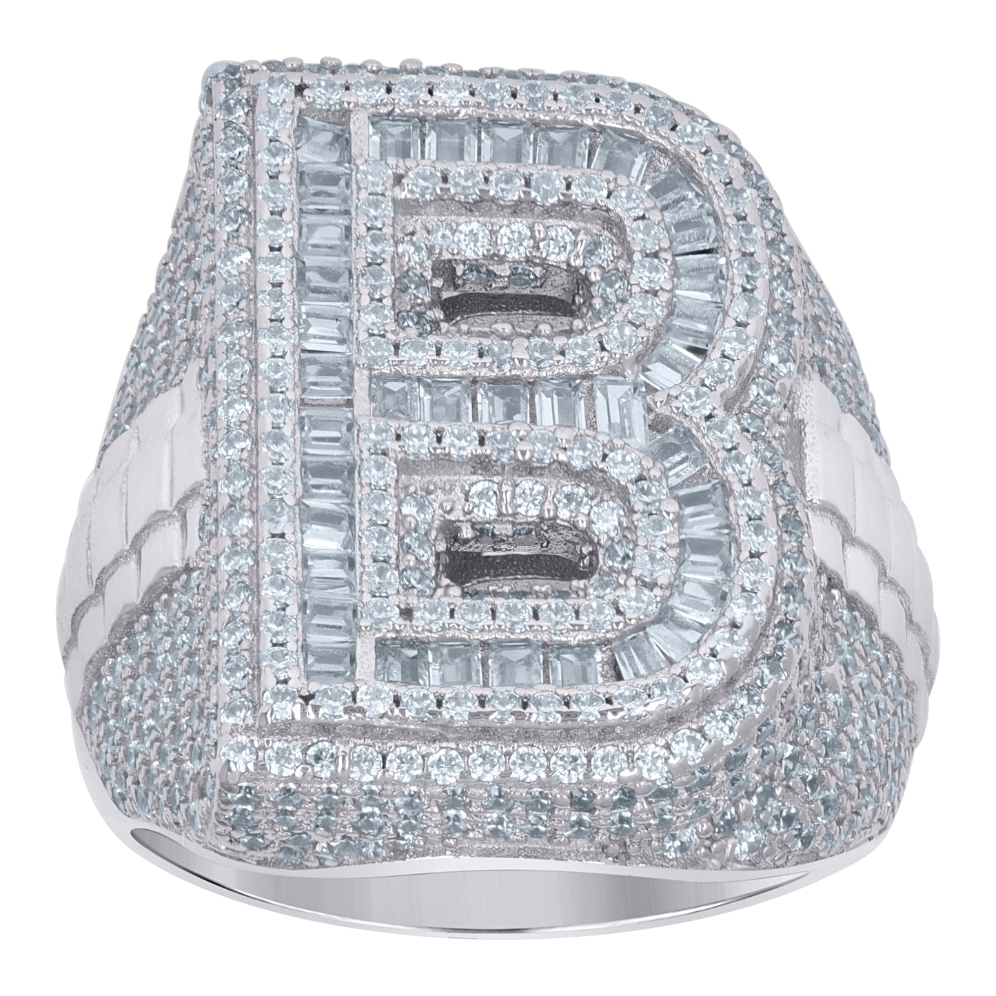 Sterling Silver Mens Baguette Cubic-Zirconia Alphabet Initials Ring