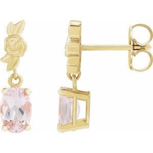 14K Yellow Gold Oval 6 X 4 Mm Natural Pink Morganite Floral Dangle Earrings