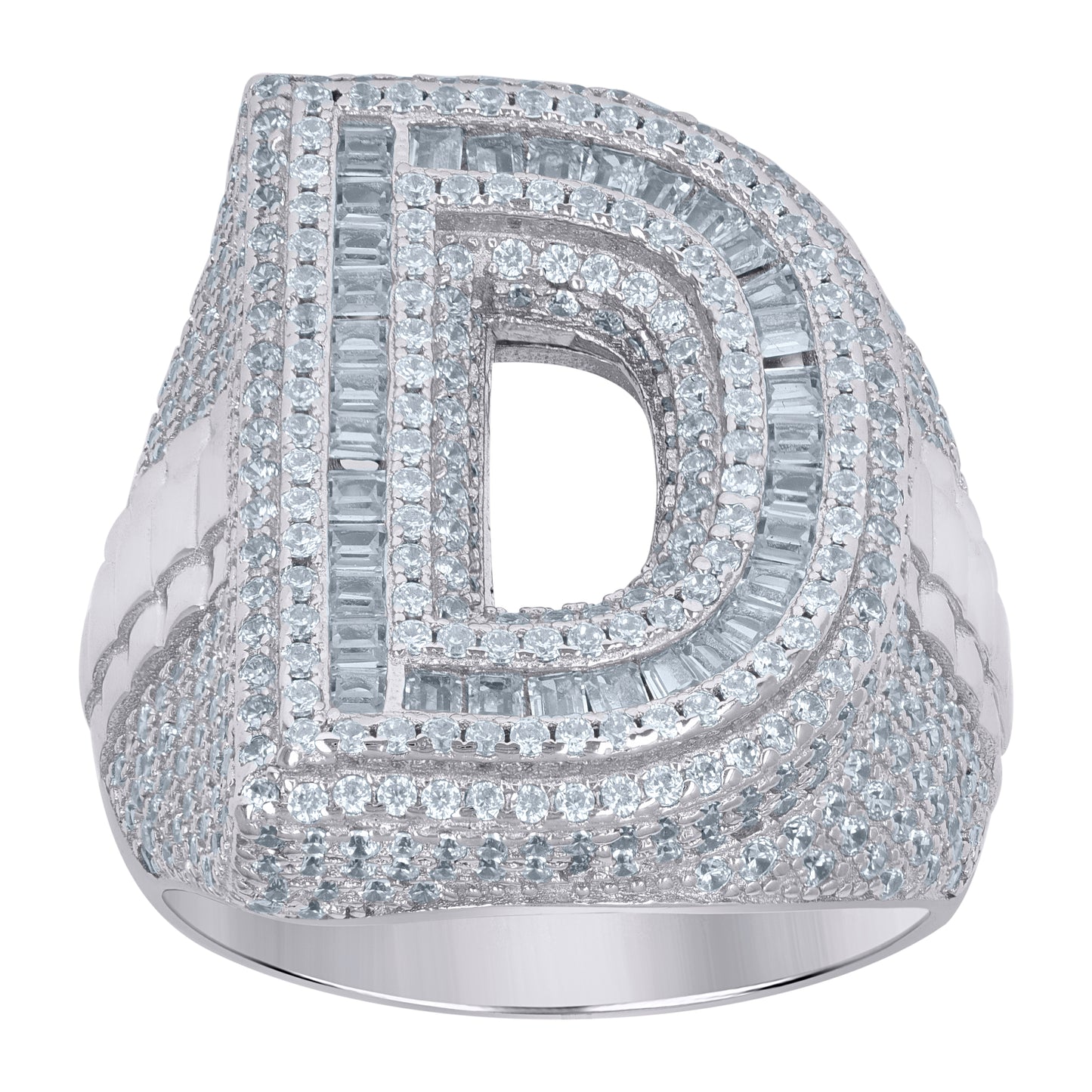 Sterling Silver Mens Baguette Cubic-Zirconia Alphabet Initials Ring
