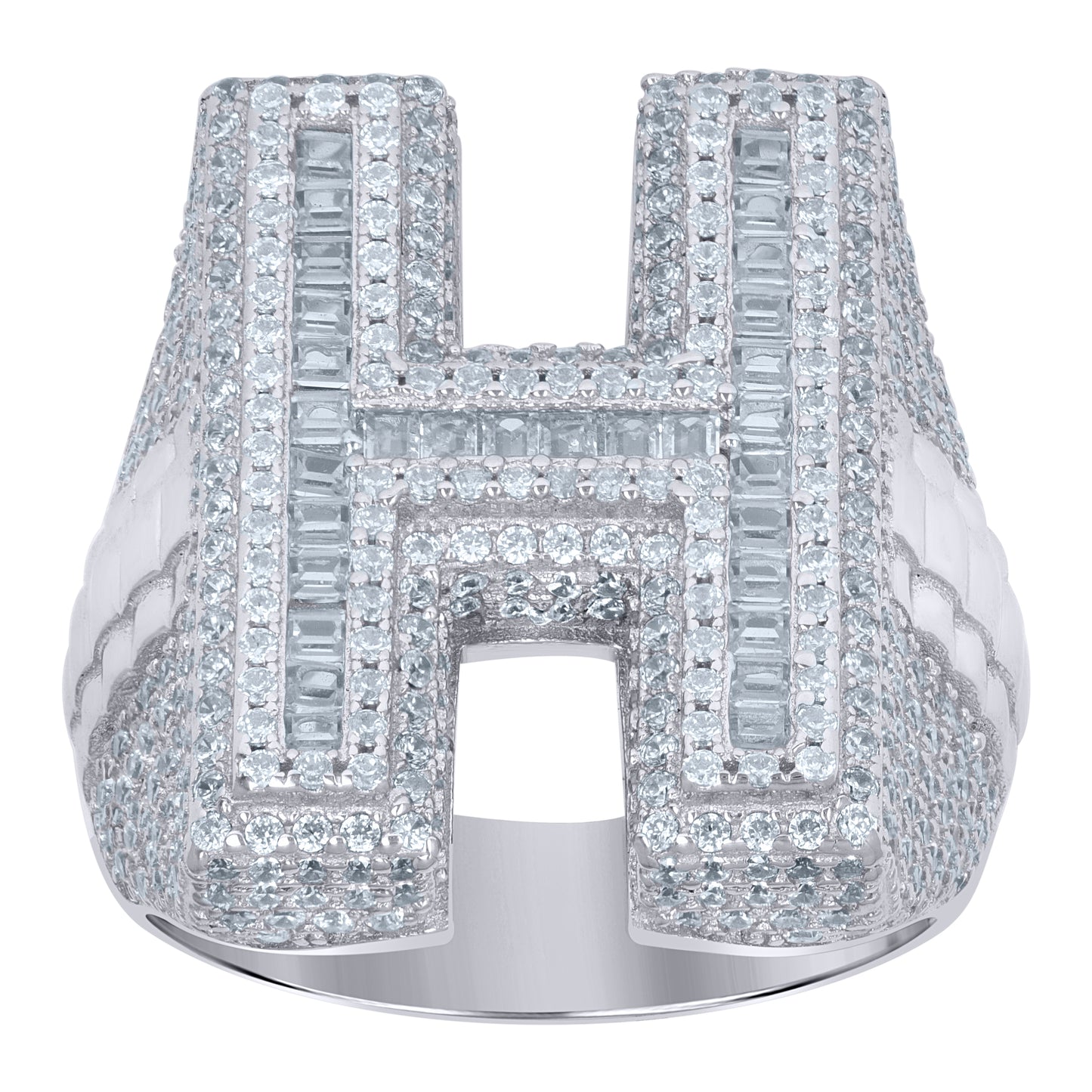 Sterling Silver Mens Baguette Cubic-Zirconia Alphabet Initials Ring
