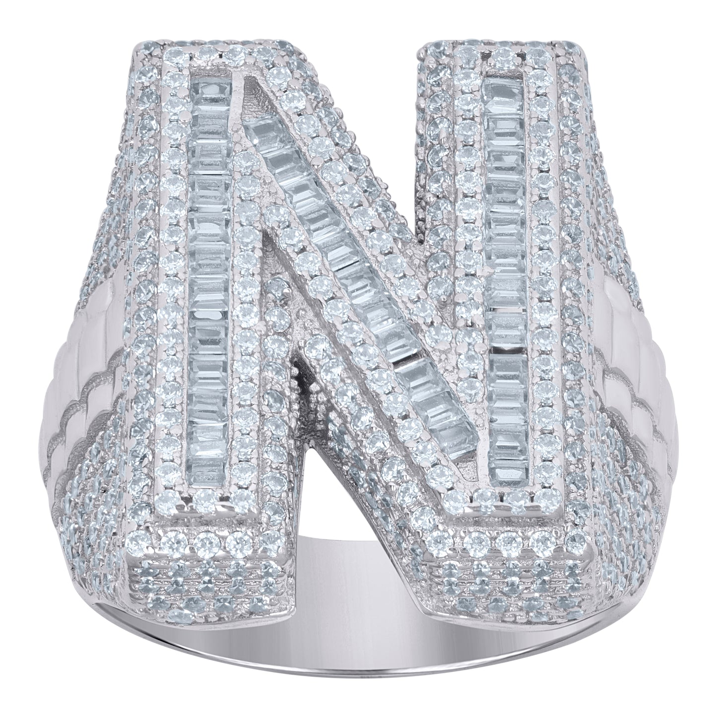 Sterling Silver Mens Baguette Cubic-Zirconia Alphabet Initials Ring