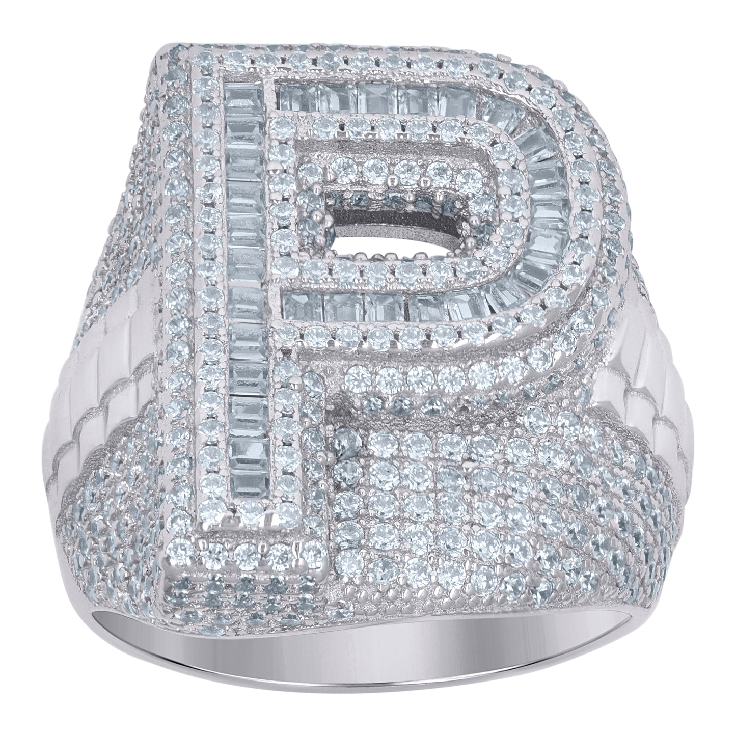Sterling Silver Mens Baguette Cubic-Zirconia Alphabet Initials Ring