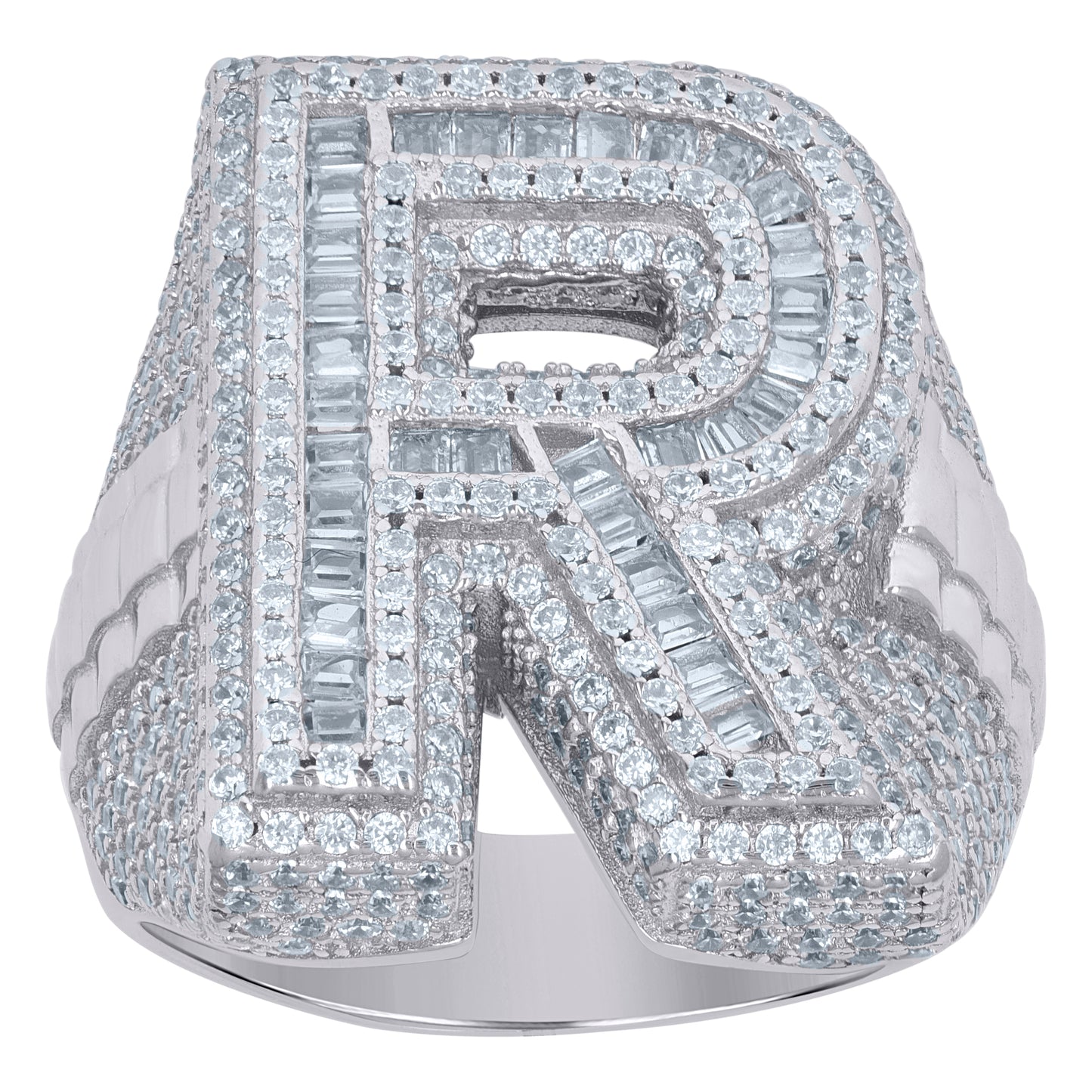 Sterling Silver Mens Baguette Cubic-Zirconia Alphabet Initials Ring