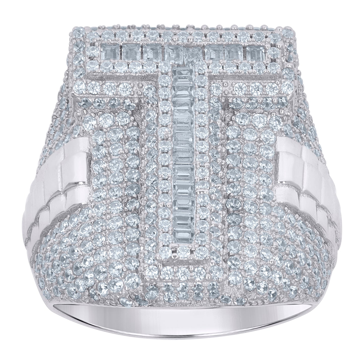 Sterling Silver Mens Baguette Cubic-Zirconia Alphabet Initials Ring