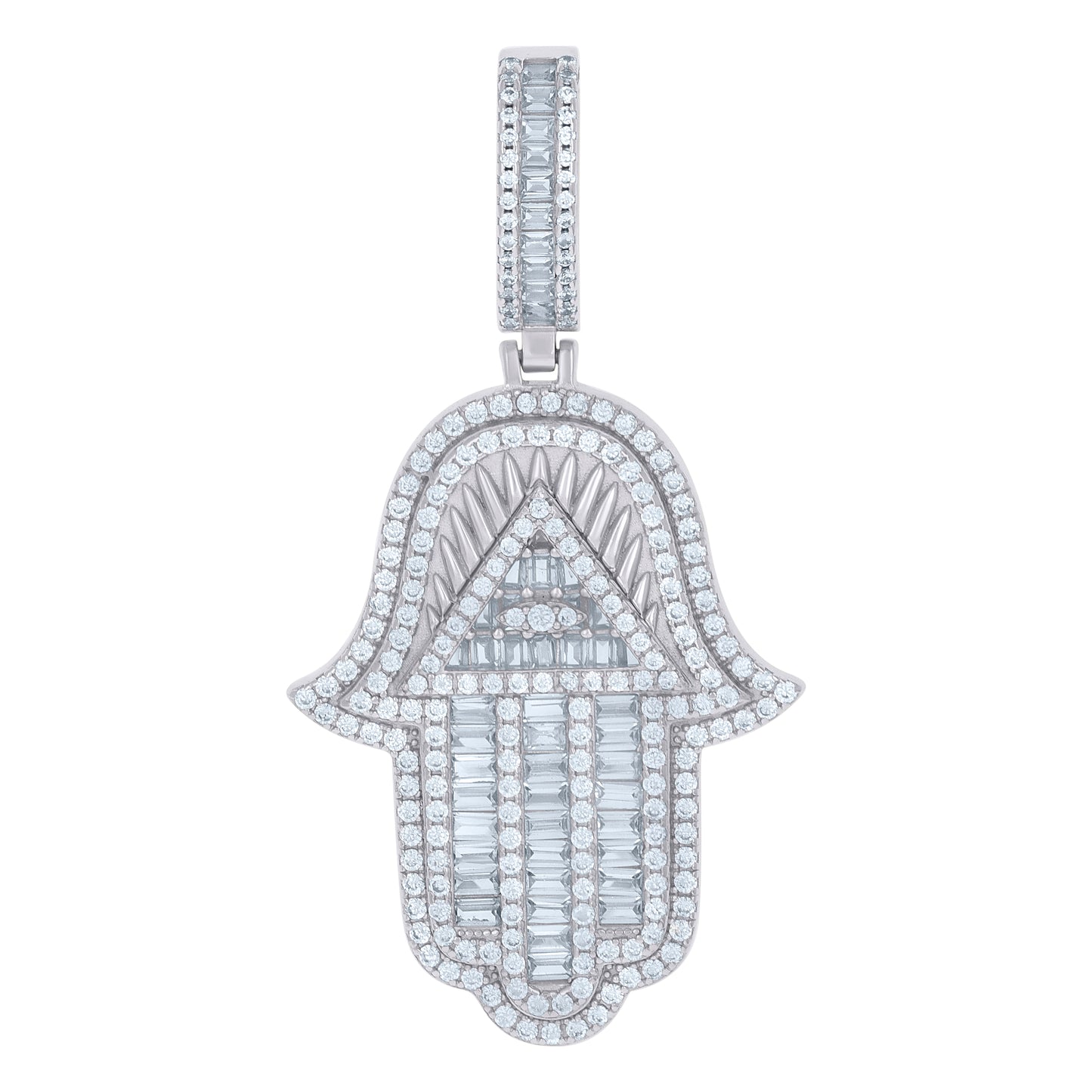 Sterling Silver Mens Baguette Cubic-Zirconia Humsa Symbol Religious Charm Pendant