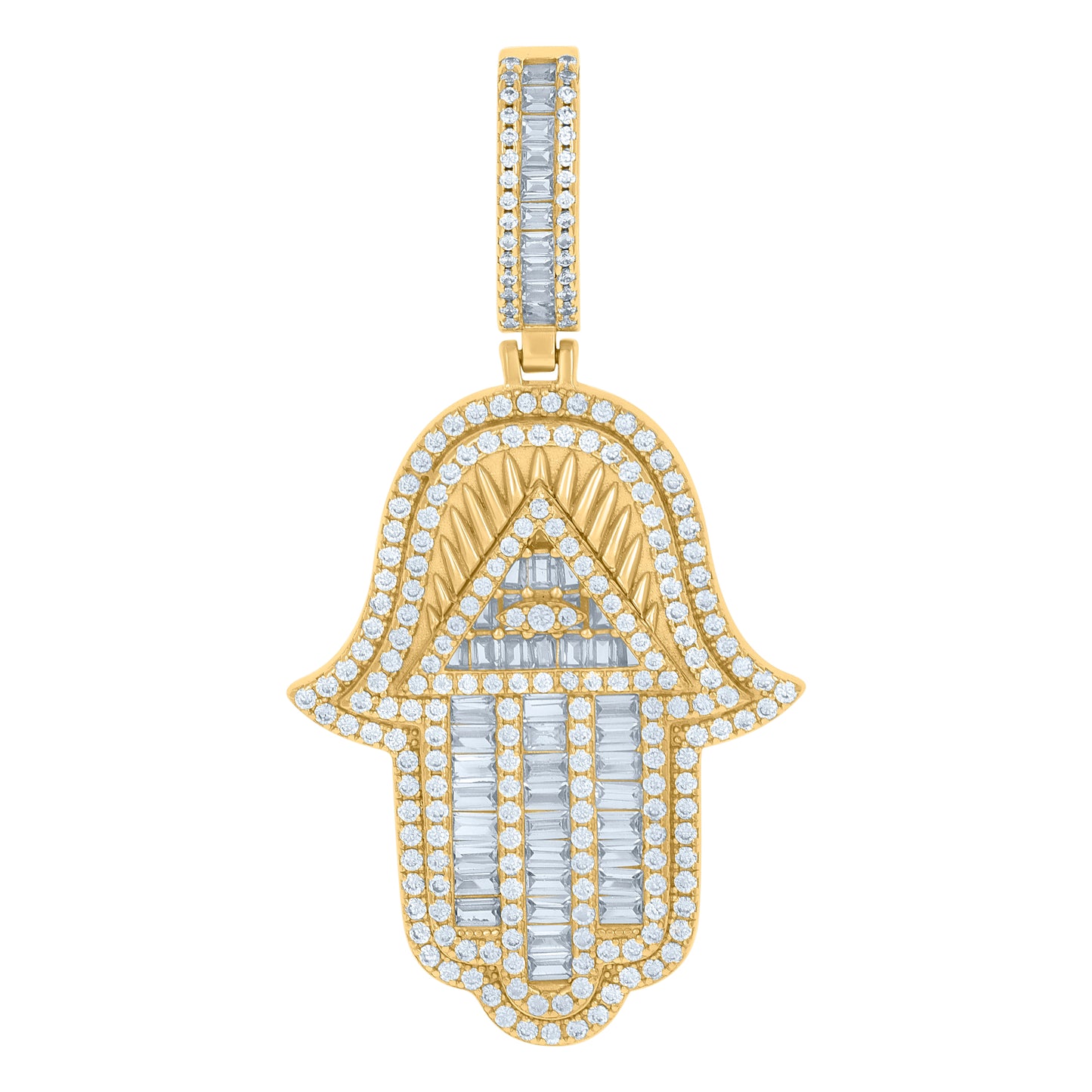 Sterling Silver Mens Baguette Cubic-Zirconia Humsa Symbol Religious Charm Pendant