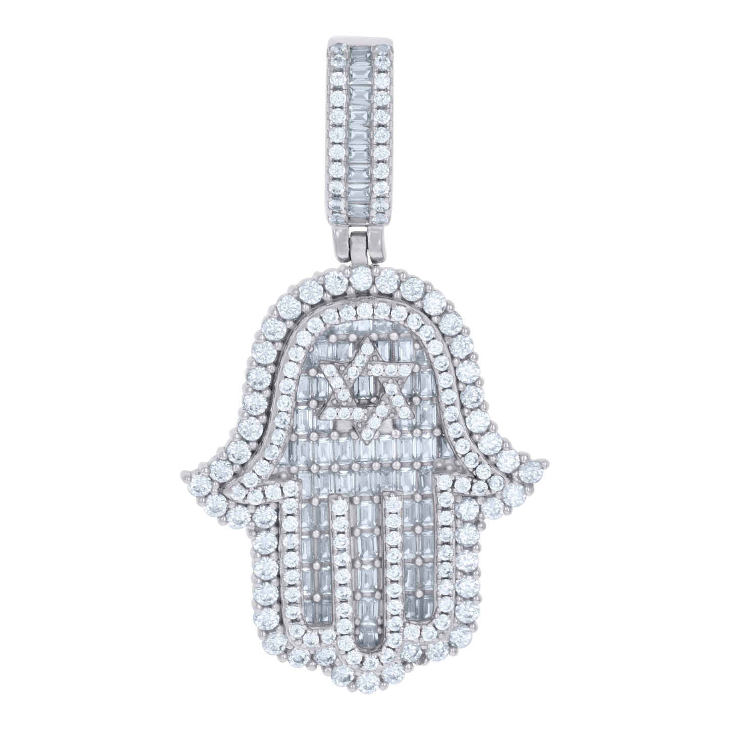 Sterling Silver Mens Baguette Cubic-Zirconia Humsa Symbol Religious Charm Pendant