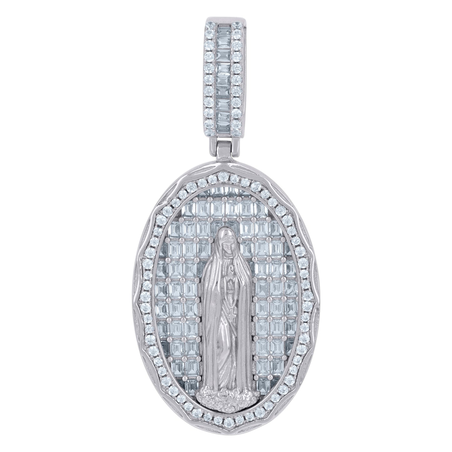 Sterling Silver Men Baguette Cubic-Zirconia Oval Guadalupe/Mother Marry Religious Charm Pendant
