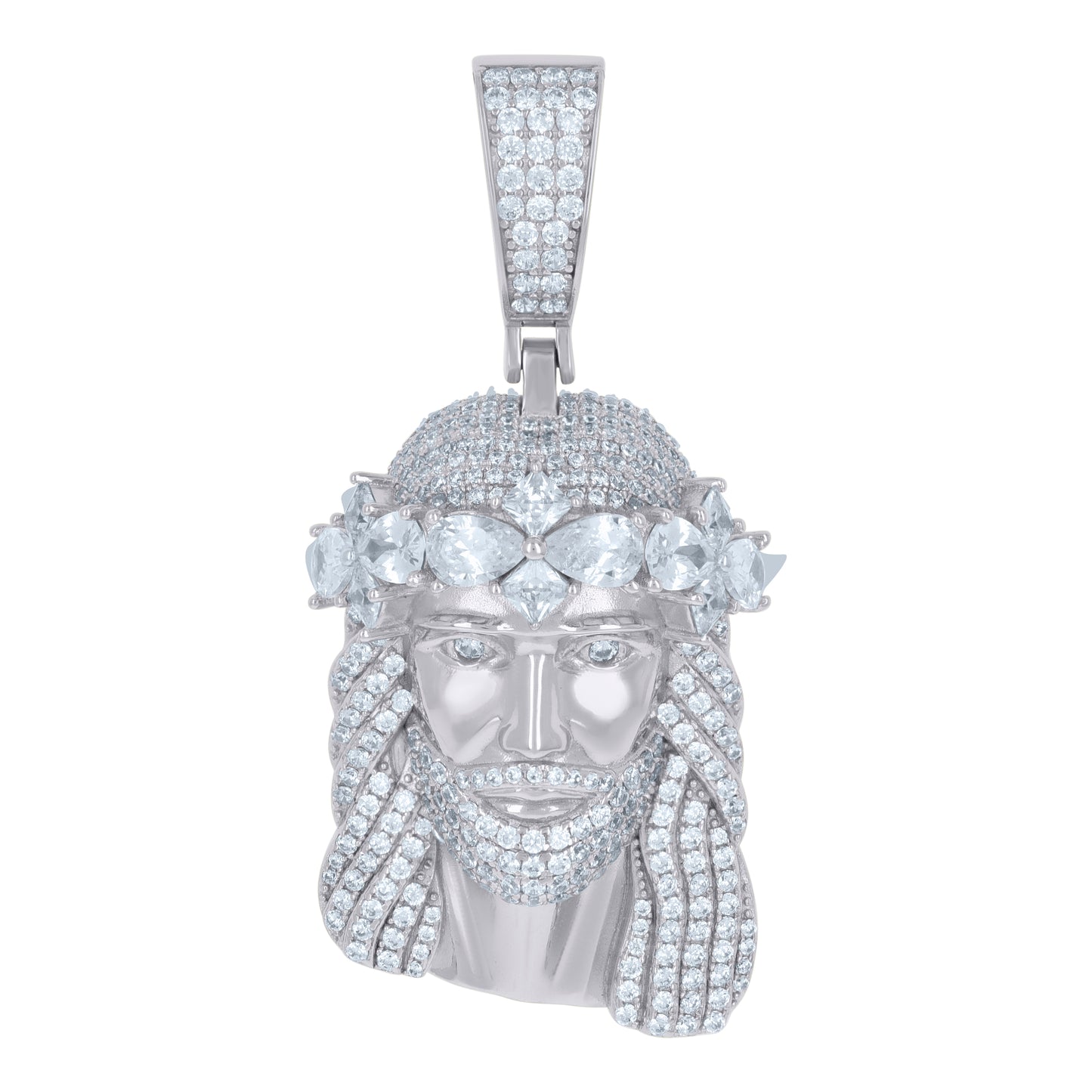 Sterling Silver Men Pear Cubic-Zirconia Jesus Religious Charm Pendant