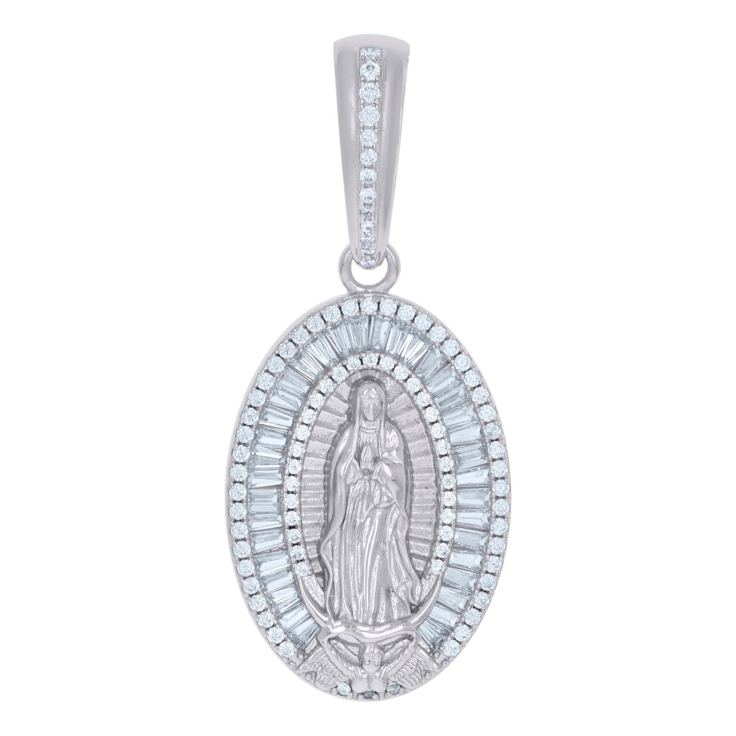 Sterling Silver Men Baguette Cubic-Zirconia Guadalupe/Mother Marry Religious Charm Pendant
