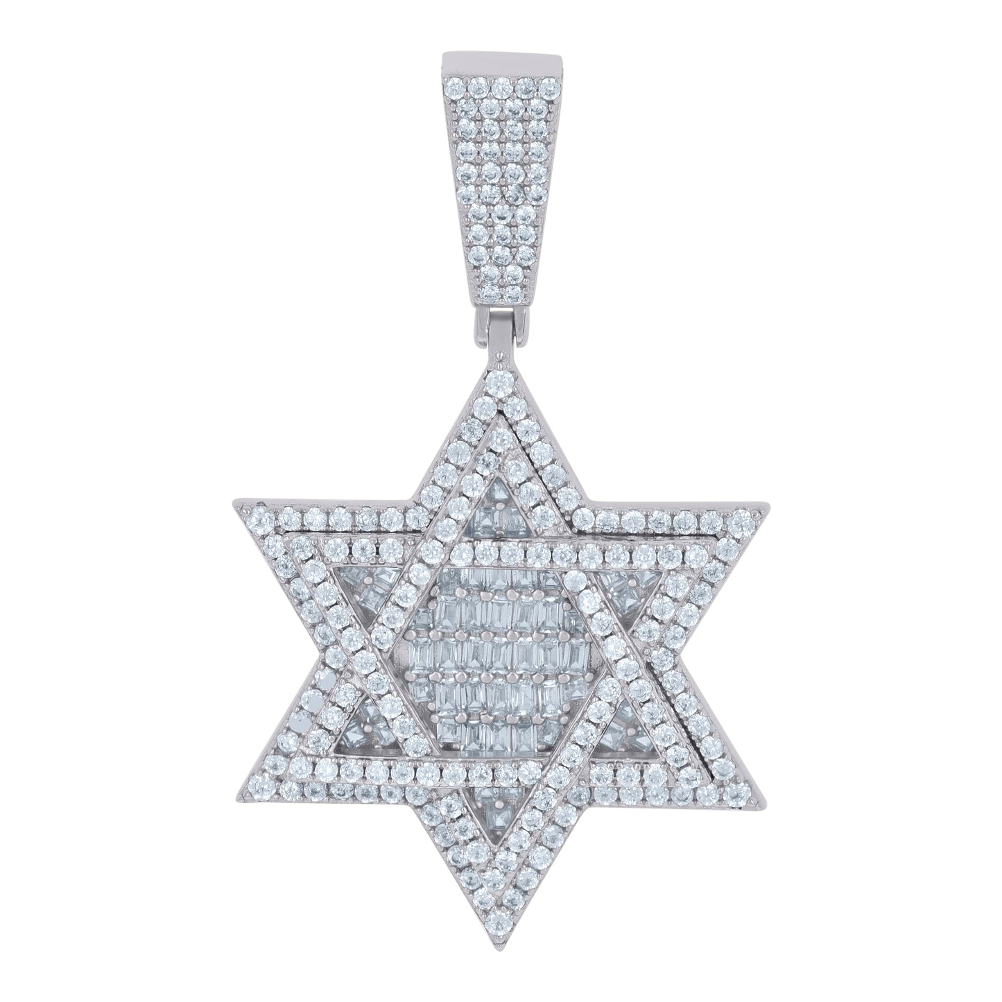 Sterling Silver Men Baguette Cubic-Zirconia Star Of David Symbol Religious Charm Pendant