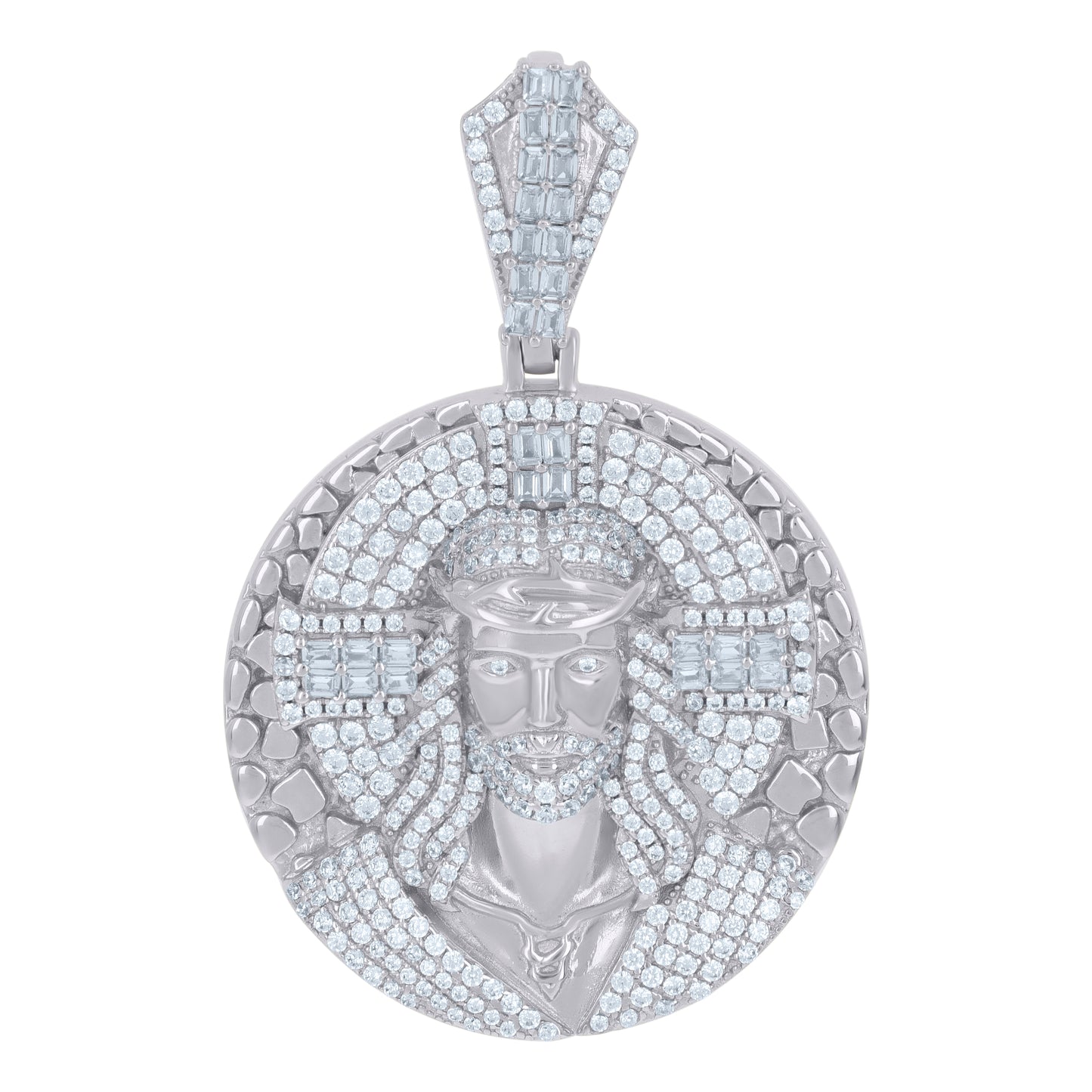 Sterling Silver Men Baguette Cubic-Zirconia Medallion Jesus Religious Charm Pendant