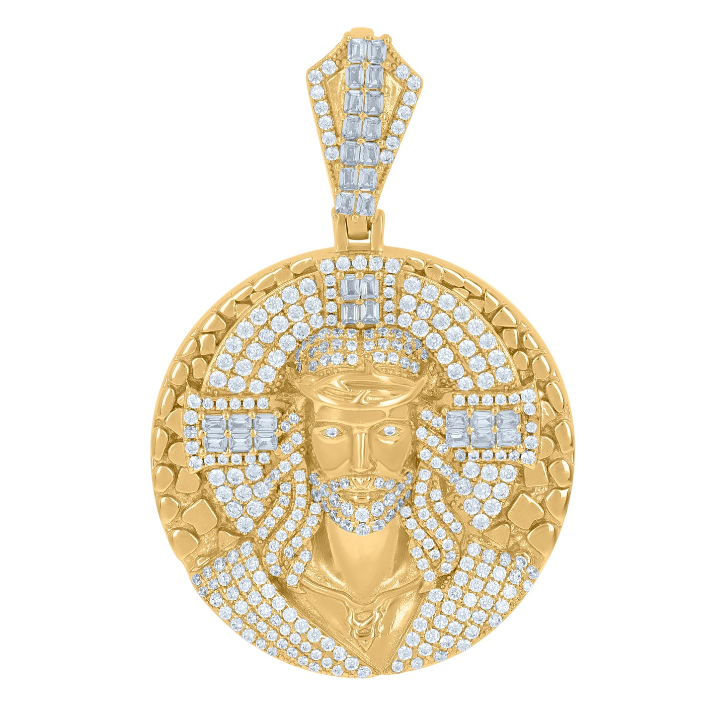 Sterling Silver Men Baguette Cubic-Zirconia Medallion Jesus Religious Charm Pendant