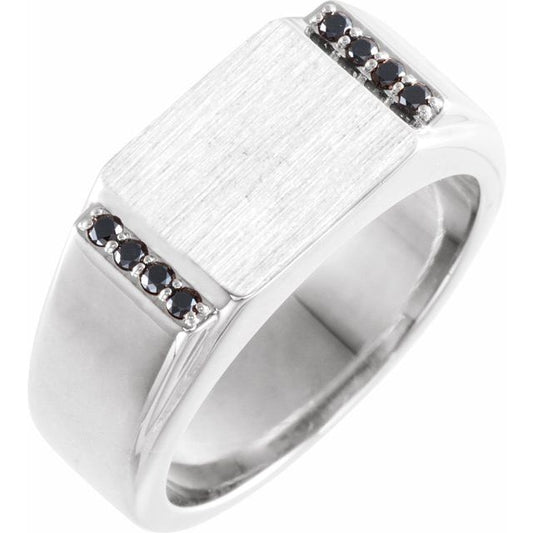 Platinum Or Sterling Silver Round 1.5 Mm Polished 1/10 Ctw Natural Black Diamond Signet Ring, Size 10